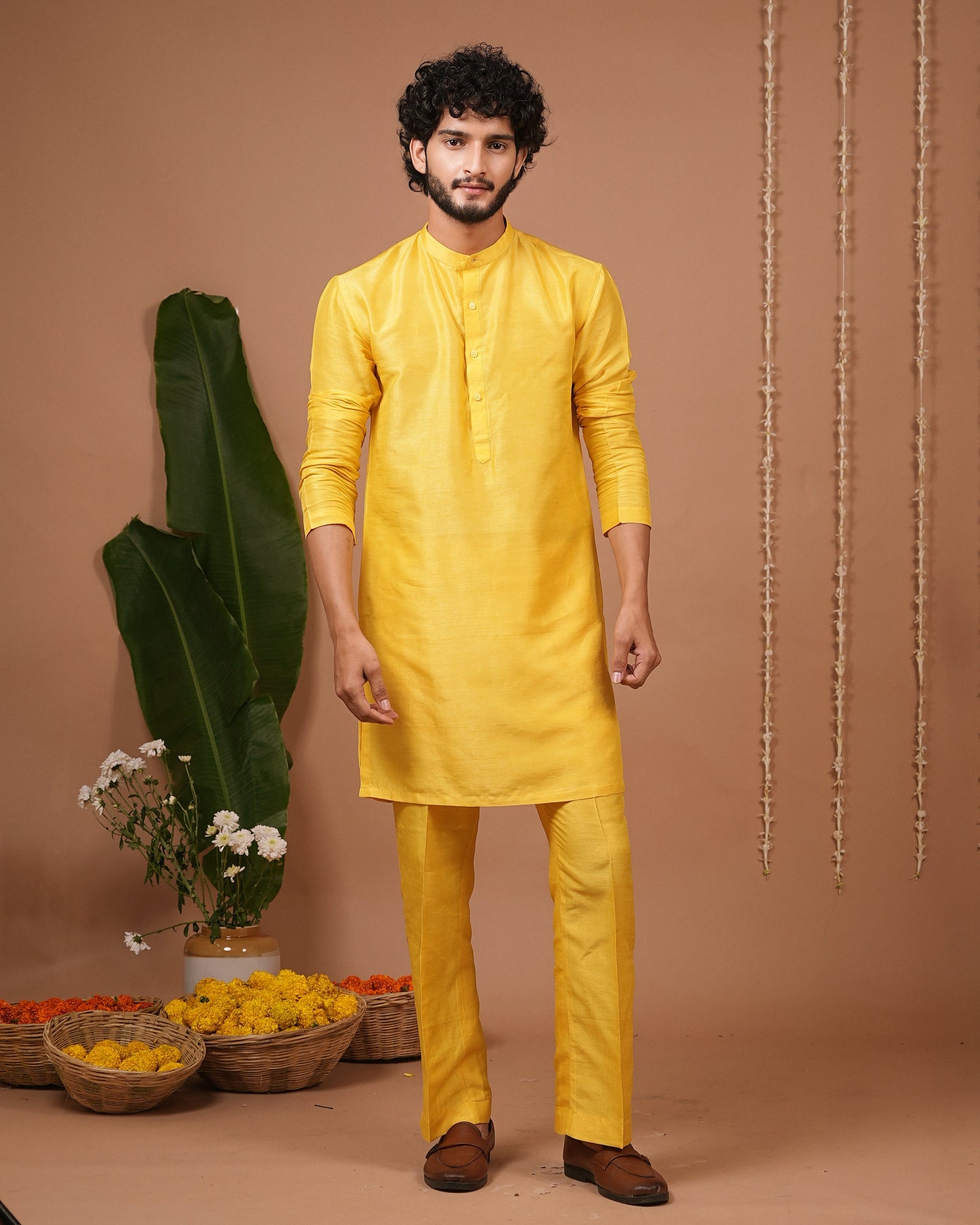 Yellow Printed Open Jacket+Kurta Pyjama Set (Set of 3)