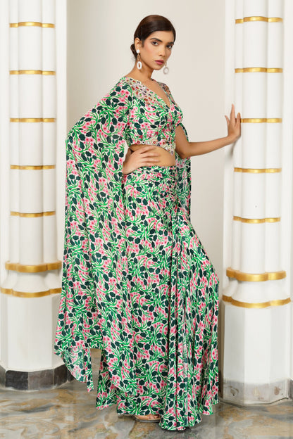 GREEN PINK FLORAL CAPE SLEEVE INDO SET (SET OF 2)