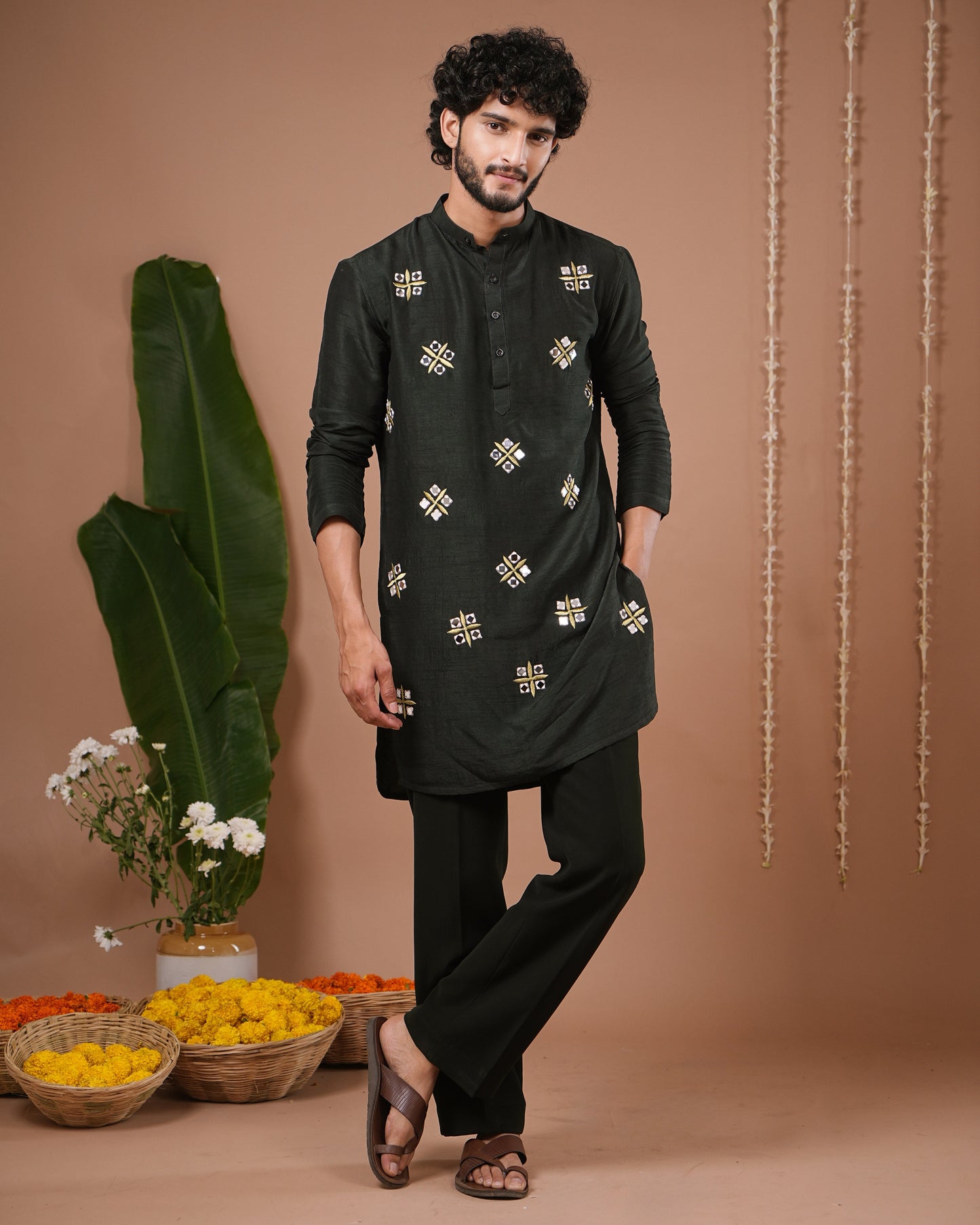 Olive Green Heavy Kurta + Sheer Jacket + Pant Set (Set of 3)