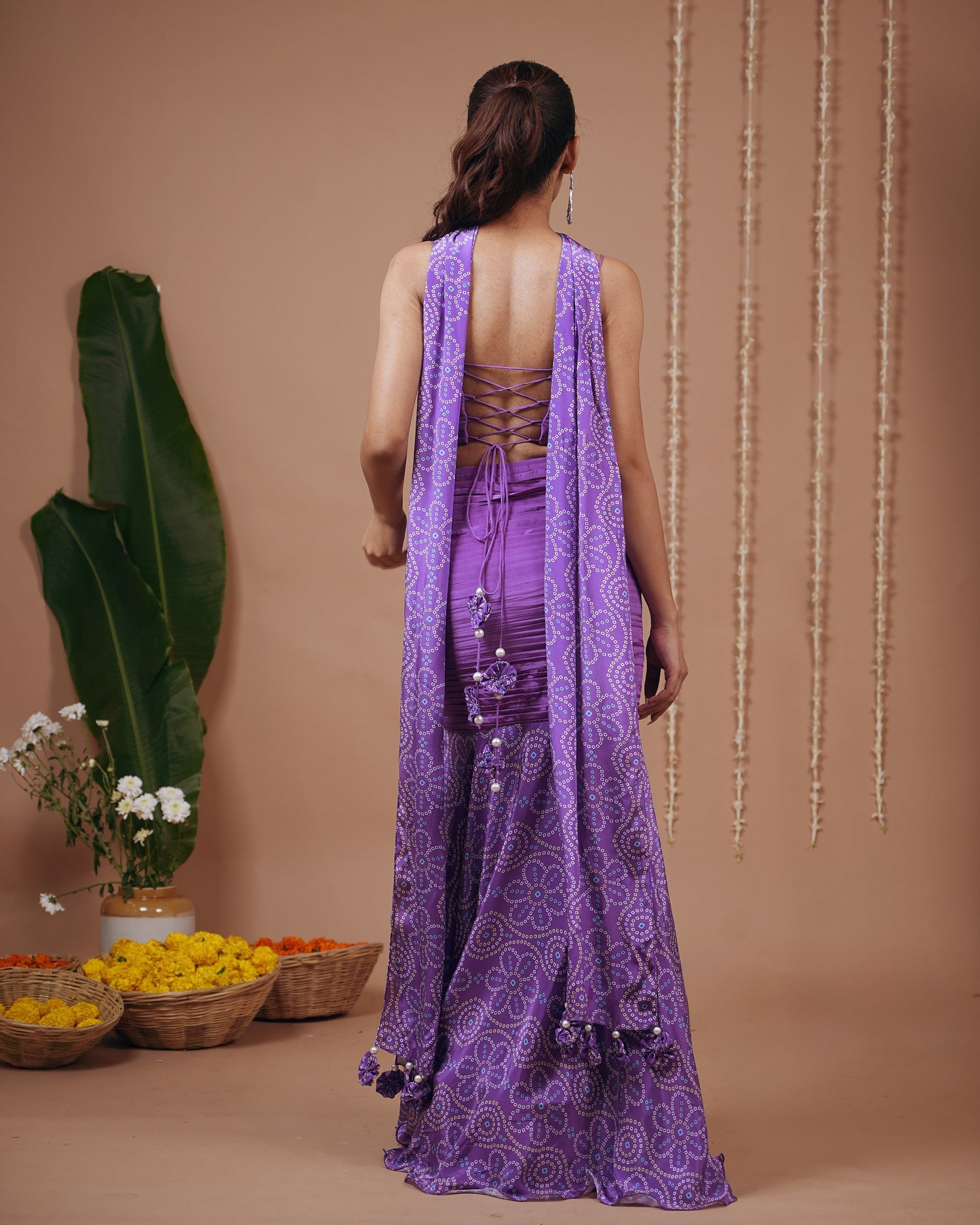 Purple Bandhani Corset Indo Skirt Set (Set of 3)