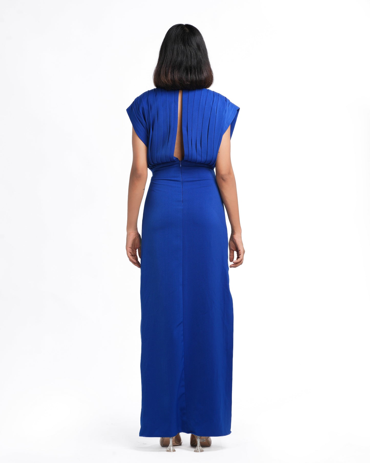 Chloe - Royal Blue Pleated Long Sheath Dress