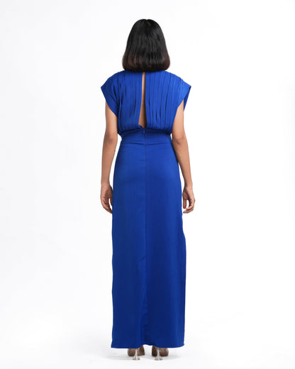 Chloe - Royal Blue Pleated Long Sheath Dress