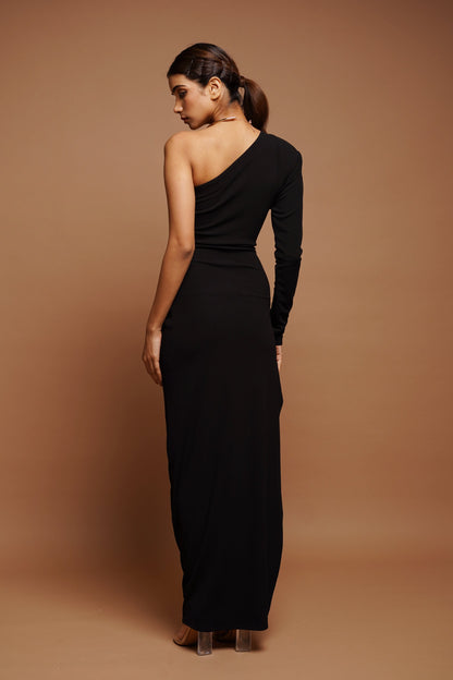 Black One Shoulder Ribbed Dress