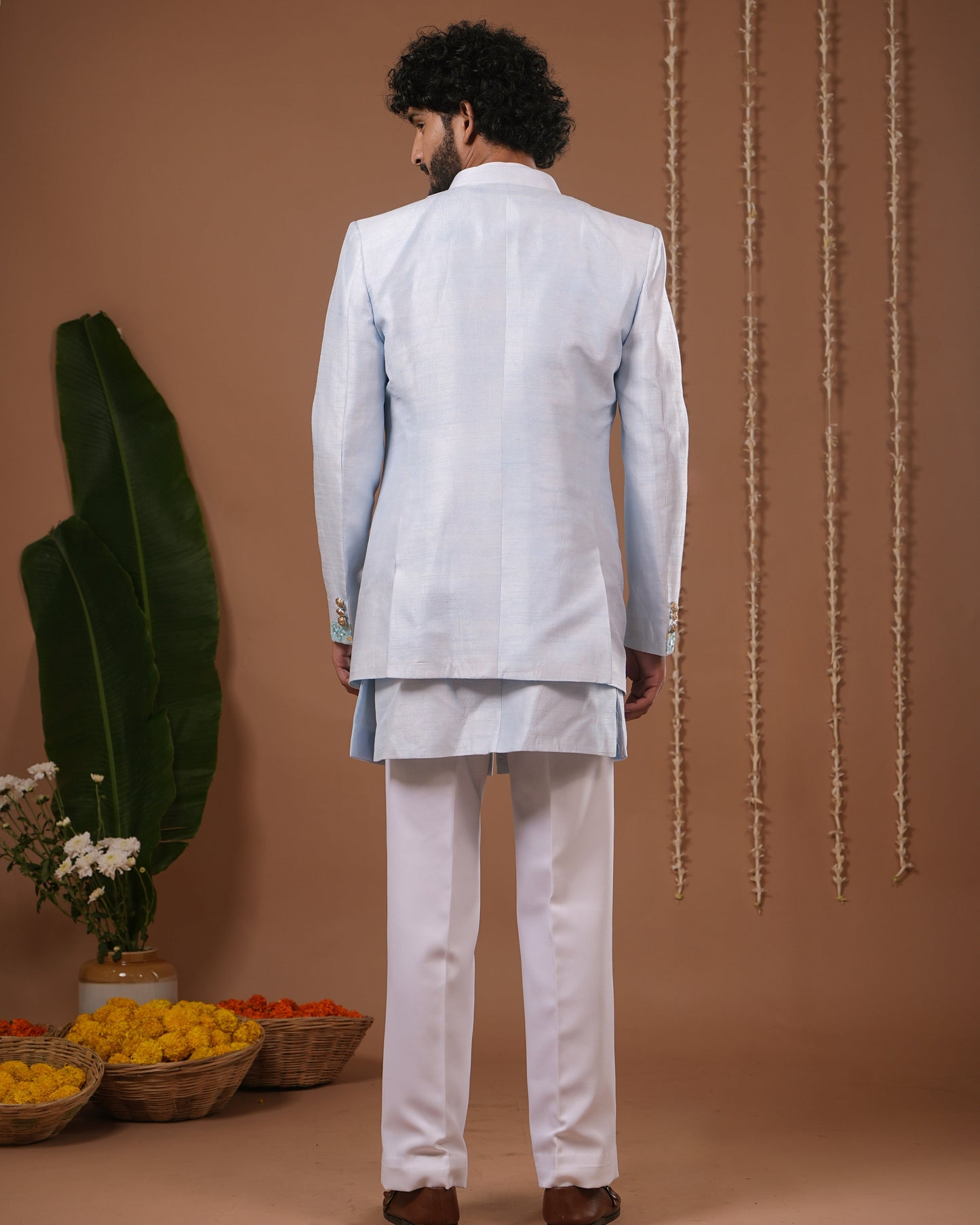 Sky Blue Open Jacket + Jodhpuri Indo Set (Set of 3)