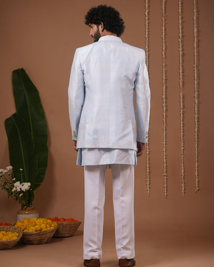 Sky Blue Open Jacket + Jodhpuri Indo Set (Set of 3)