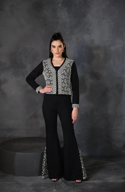 Black Embroidered Crop Jacket Set