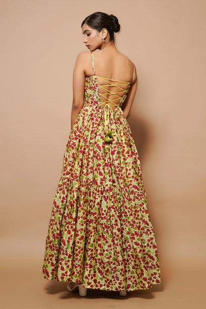 Yellow Block Printed Chanderi Maxi
