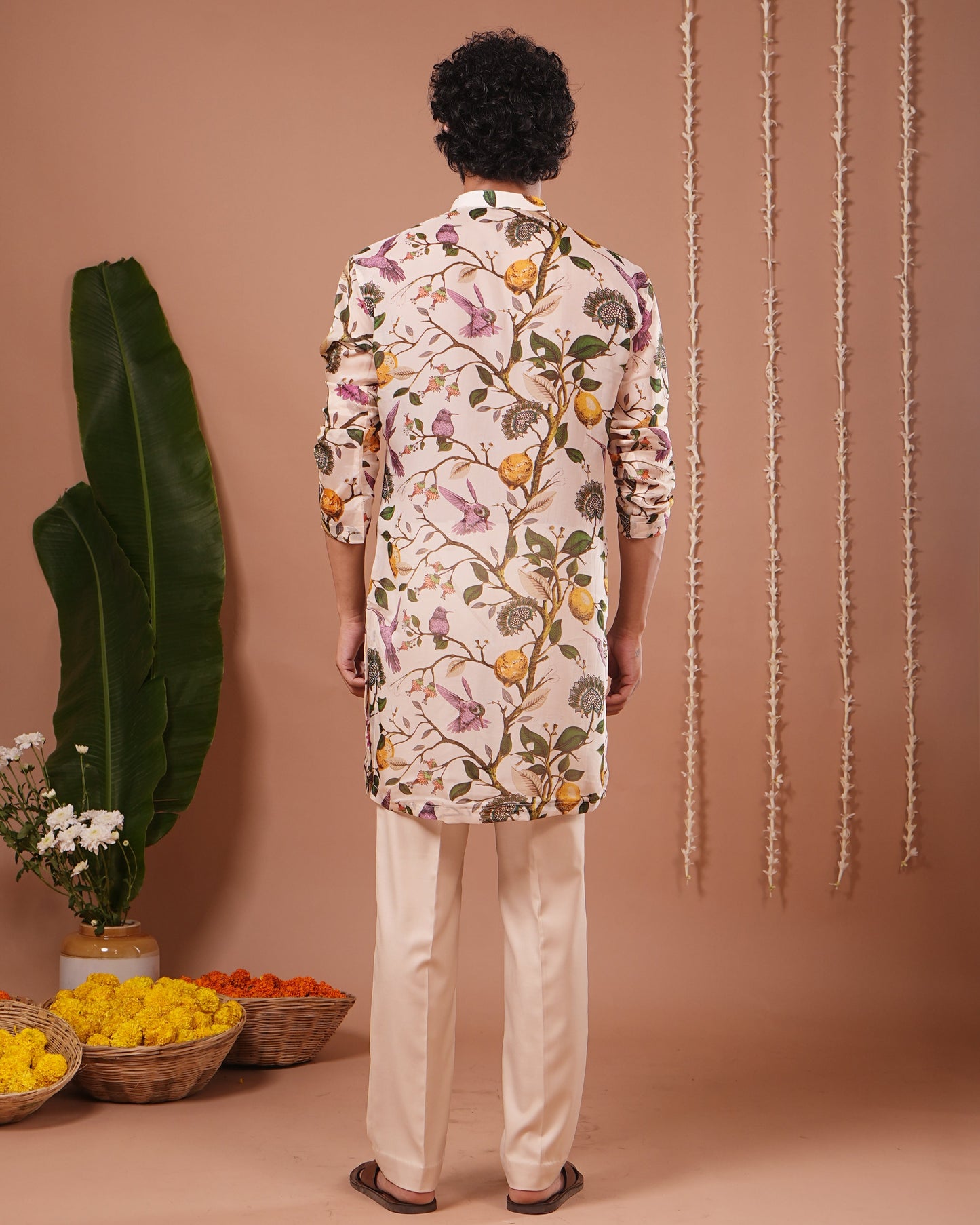 Cream Lemon Printed Organza Kurta + Pant Set (Set of 2)