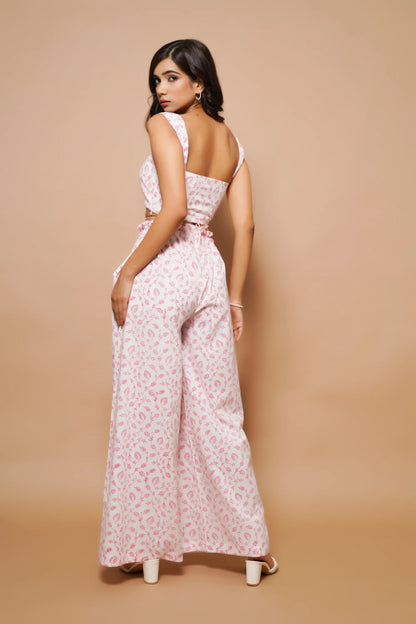 White and pink block printed cotton co-ord