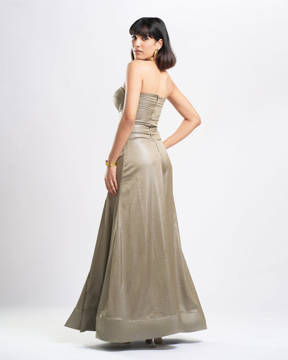 Clara - Ash Green Corset Drape Strapless Dress