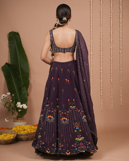 Dark Purple Printed Heavy Lehenga Set (Set of 3)