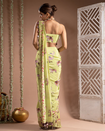 Elephant Print Green Purple Pre-Drape Saree (Set of 2)