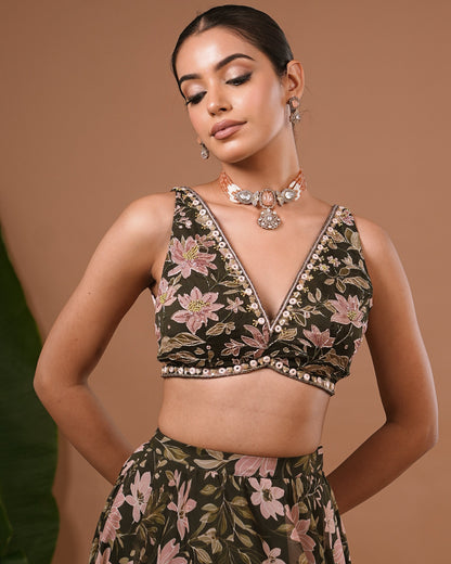 Olive Green Floral Printed Organza Lehenga Set (Set of 3)