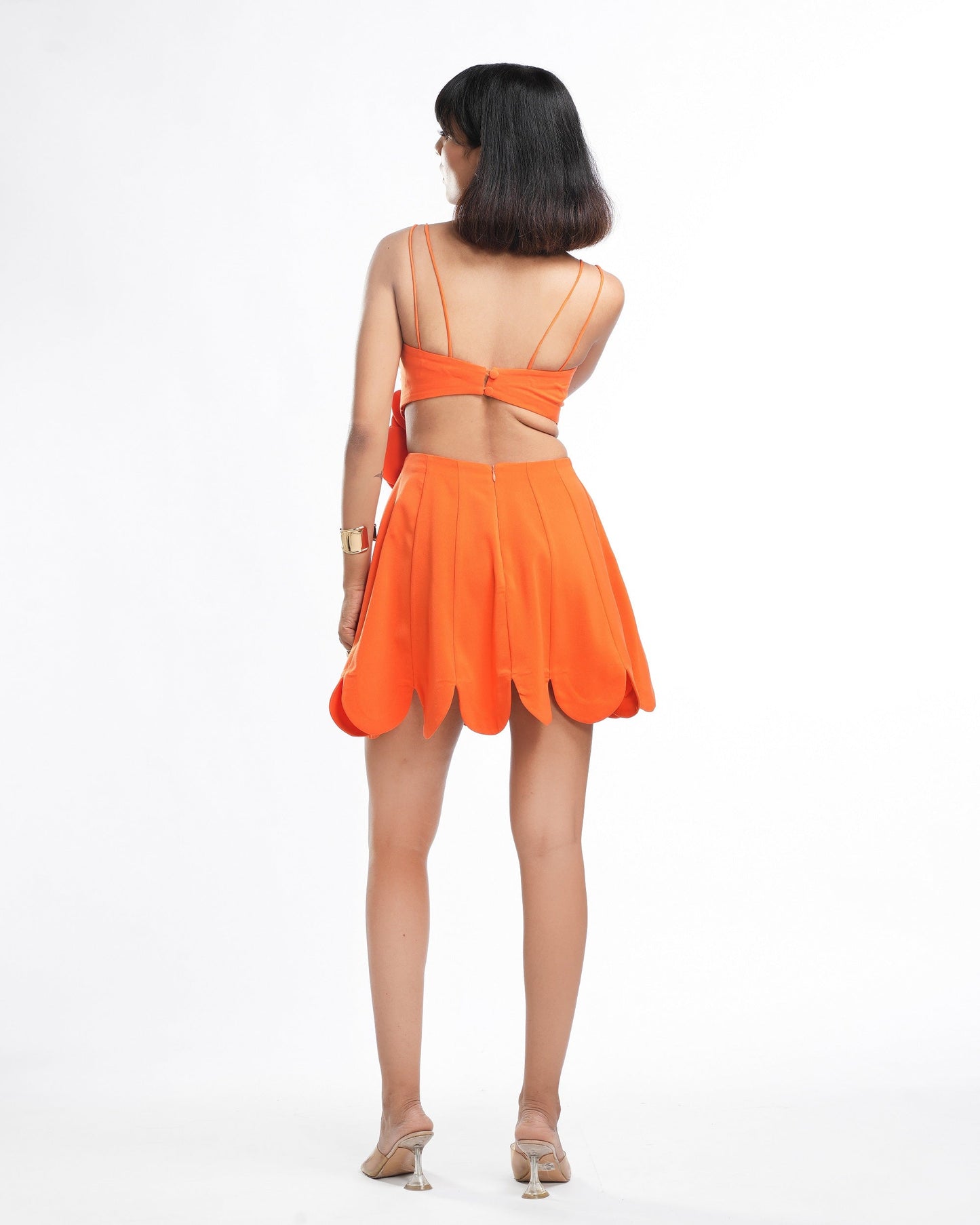 Audrey - Mandarin 3D Flower Scallop Mini Dress