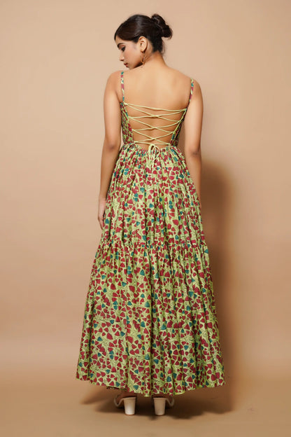 Green Block Printed Chanderi Maxi