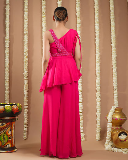 Hot Pink Georgette Short a-Line Kurti With Belt  (Set Of 3)