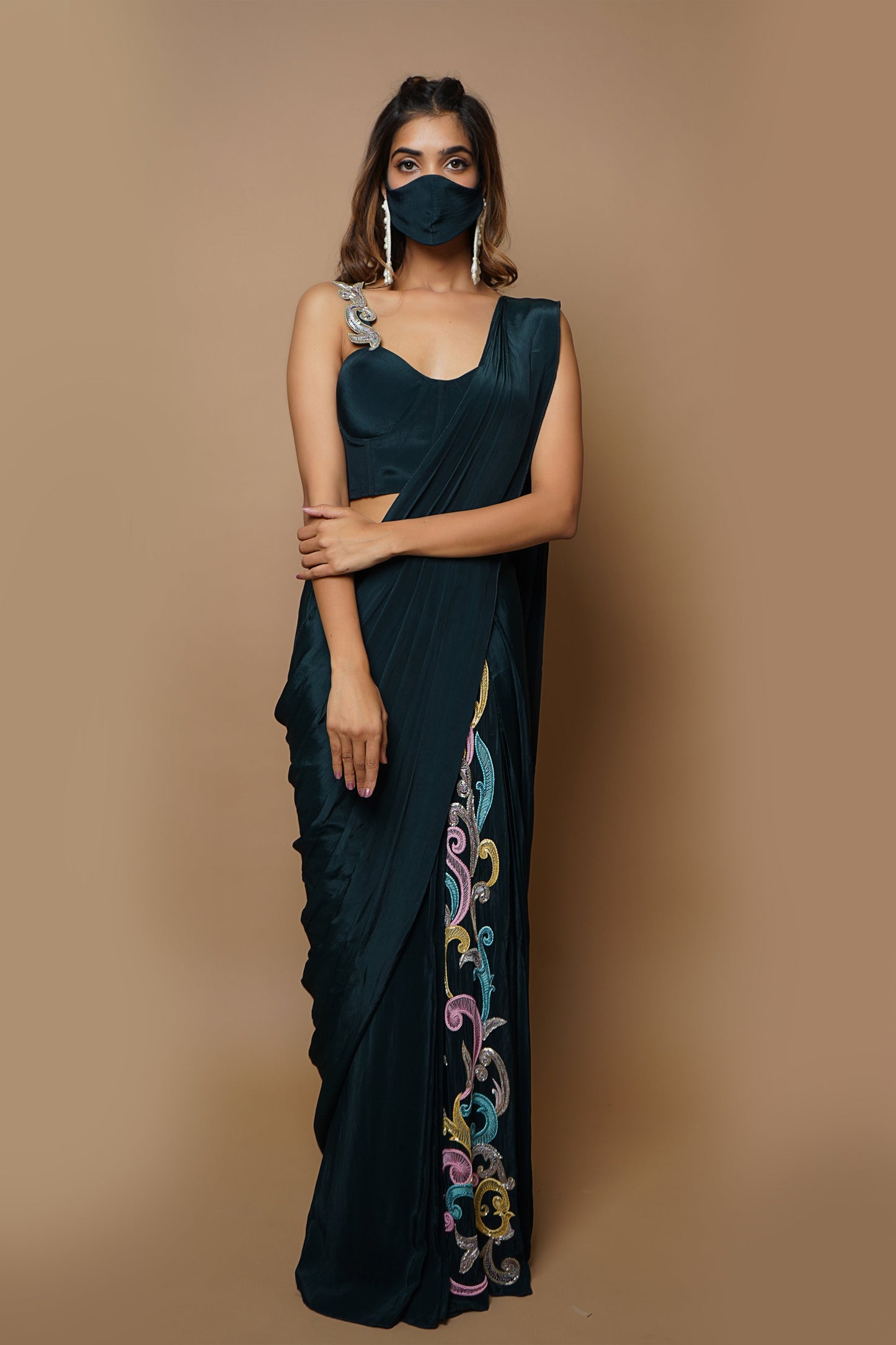 Teal Ready To Wear Saree (Set Of 2)