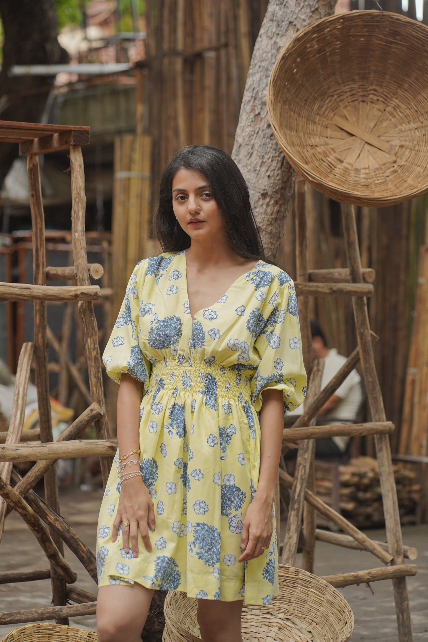 Paniculata - Fit and Flare Print Dress with Smocked Waist