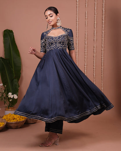 Navy Blue Silk Satin Heavy Anarkali Suit Set (Set of 3)