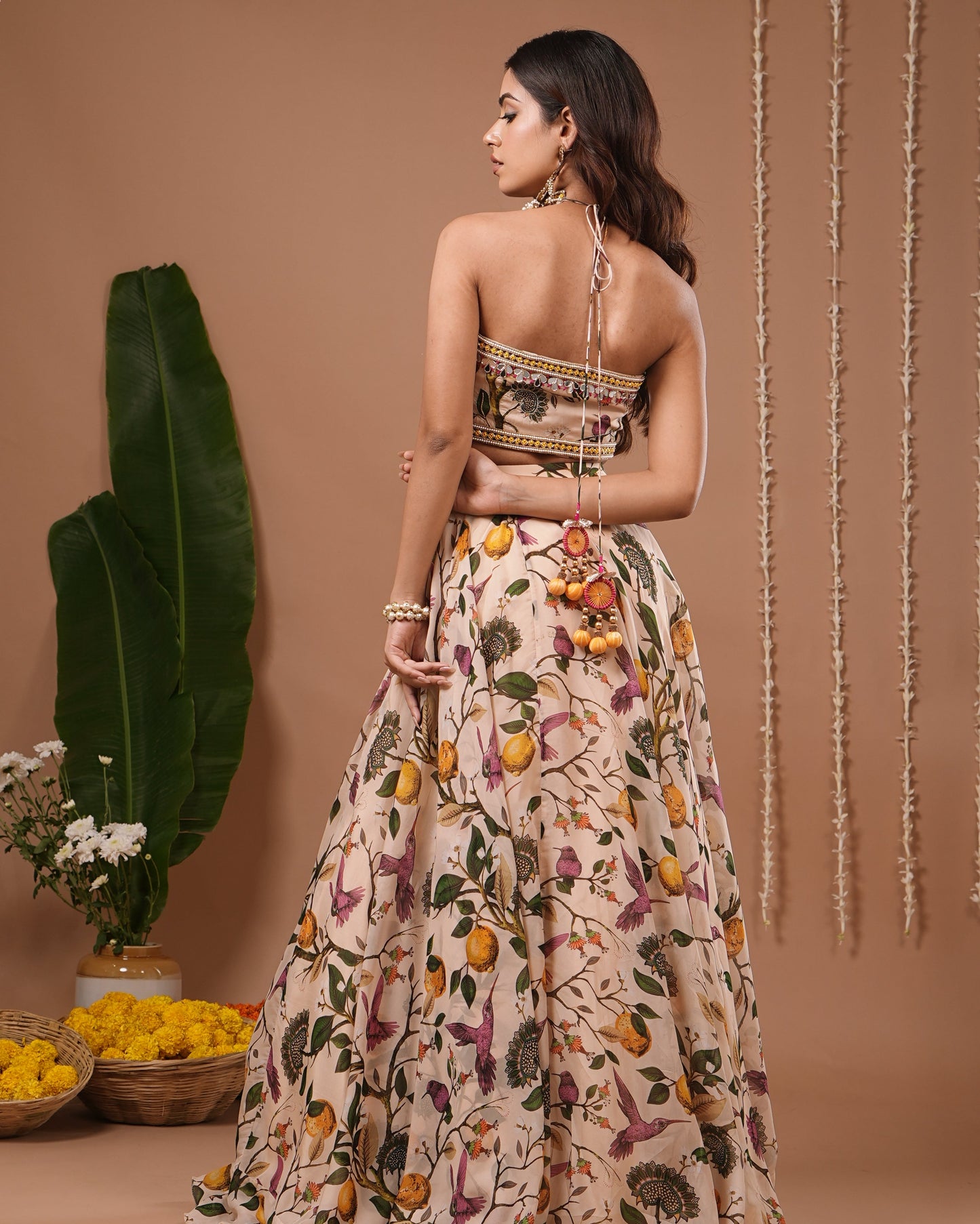 Cream Lemon Printed Indo Lehenga Set (Set of 2)