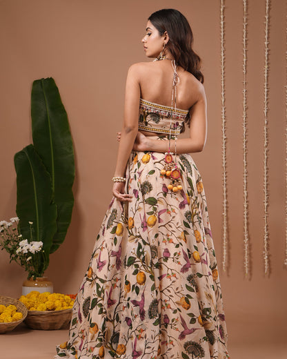 Cream Lemon Printed Indo Lehenga Set (Set of 2)