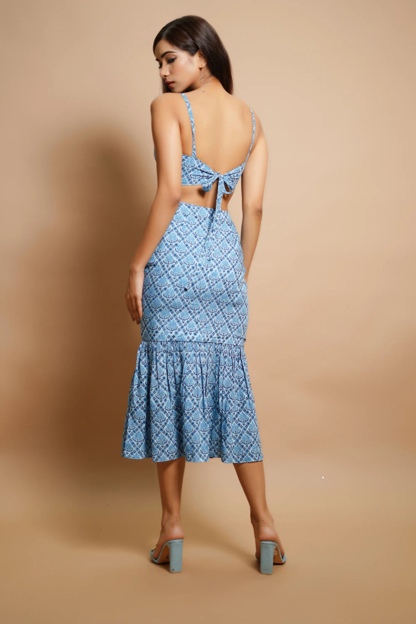 Blue block print fitted skirt co-ord