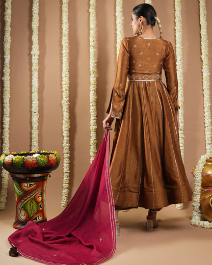 Antique Golden Silk Anarkali Set (Set Of 3)