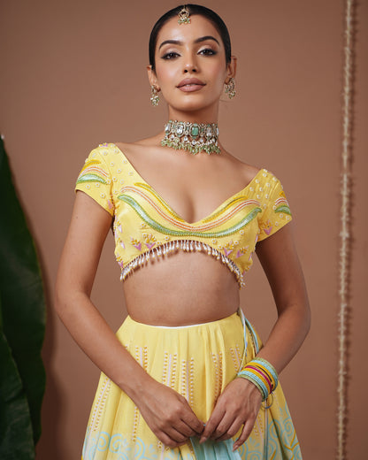 Yellow-Firozi Heavy Printed Lehenga Set (Set of 3)