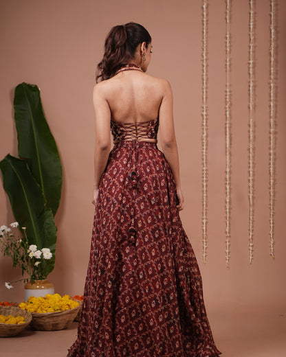 Maroon Halter Laple Neck Indo Lehenga Set (Set of 2)