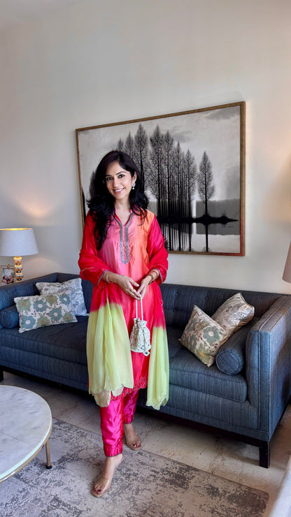 GAURI IN LOTUS EMBROIDERED SHADED KURTA BOTTOM SET