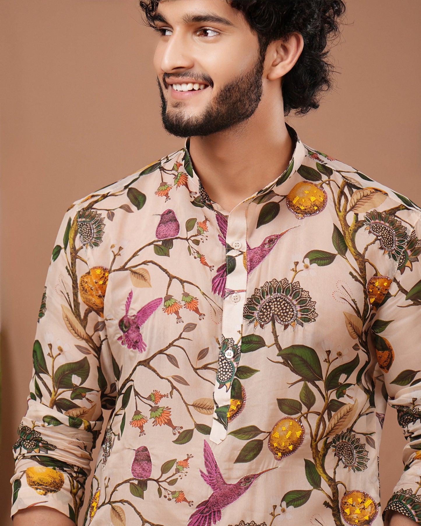 Cream Lemon Printed Organza Kurta + Pant Set (Set of 2)