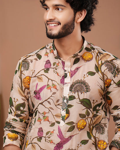 Cream Lemon Printed Organza Kurta + Pant Set (Set of 2)