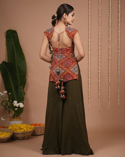 Red Bandhani Printed Kurti Palazzo Set (Set of 3)