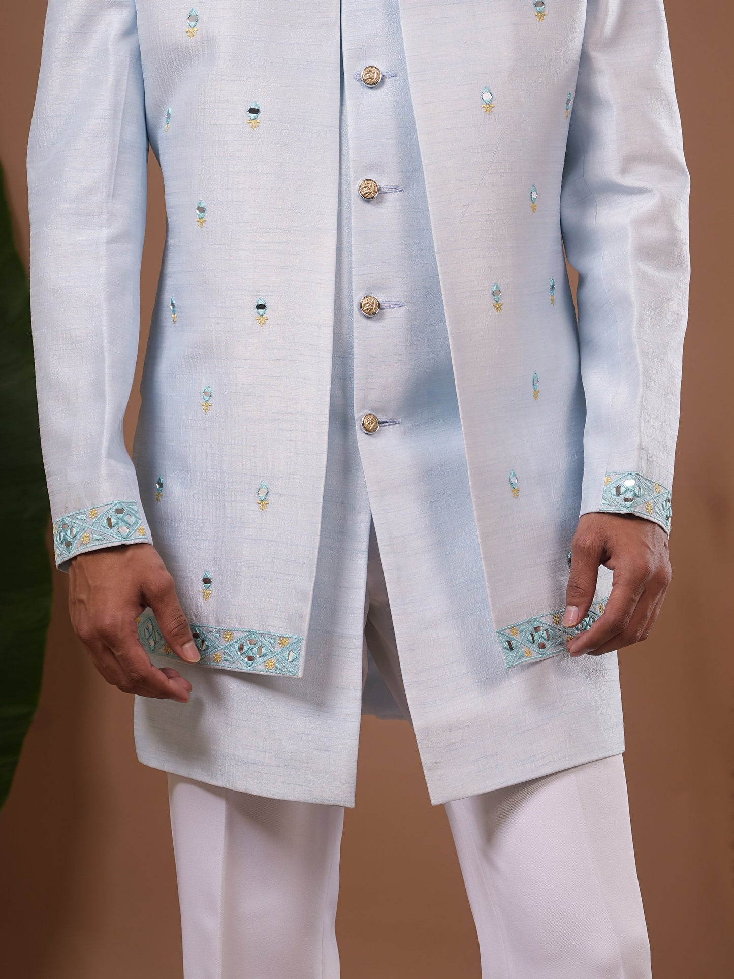 Sky Blue Open Jacket + Jodhpuri Indo Set (Set of 3)