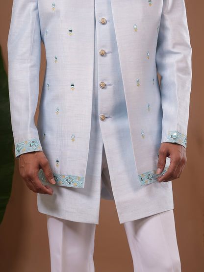 Sky Blue Open Jacket + Jodhpuri Indo Set (Set of 3)