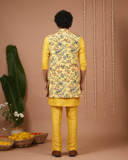 Yellow Printed Open Jacket+Kurta Pyjama Set (Set of 3)