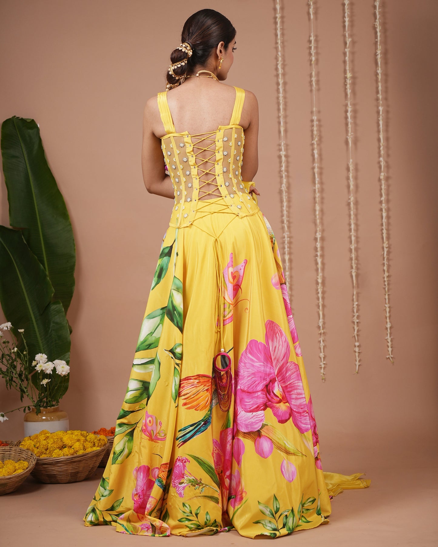 Mustard Floral Printed Corset Heavy Lehenga Set (Set of 3)
