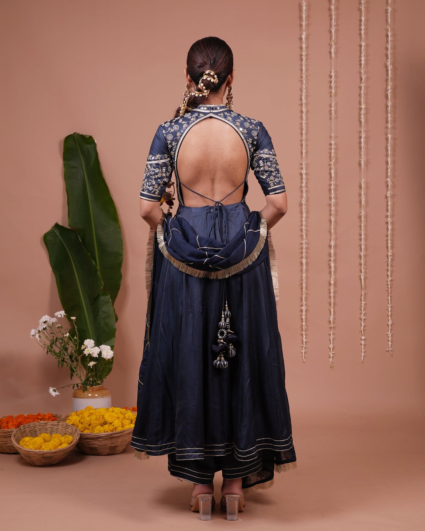 Navy Blue Silk Satin Heavy Anarkali Suit Set (Set of 3)