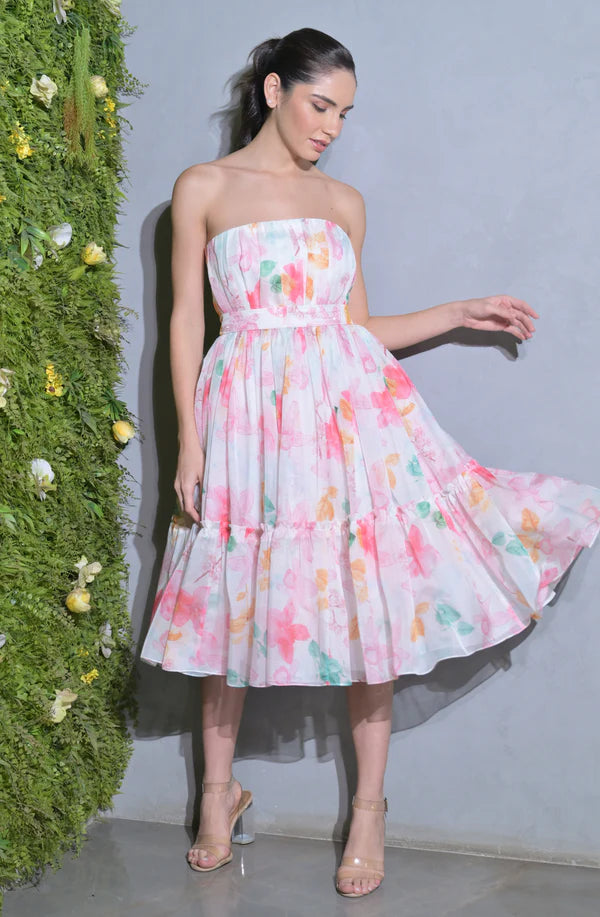 Strapless Organza Midi Dress