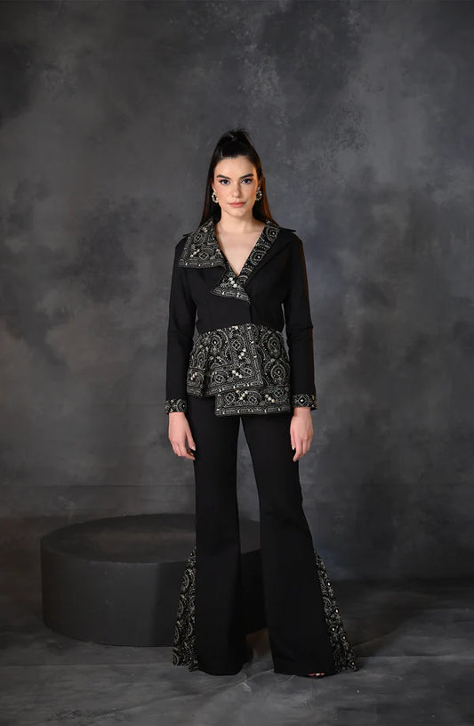 Black Golden Asymmetrical Drape Blazer Pant Set