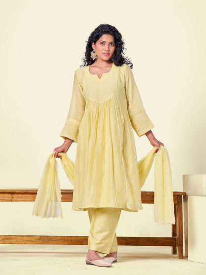 Yellow Pure Silk Mul 3-Piece Kurti Set