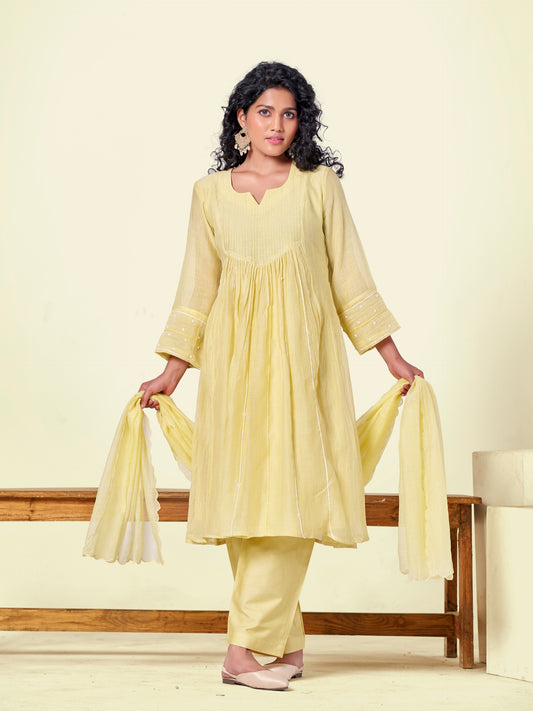 Yellow Pure Silk Mul 3-Piece Kurti Set