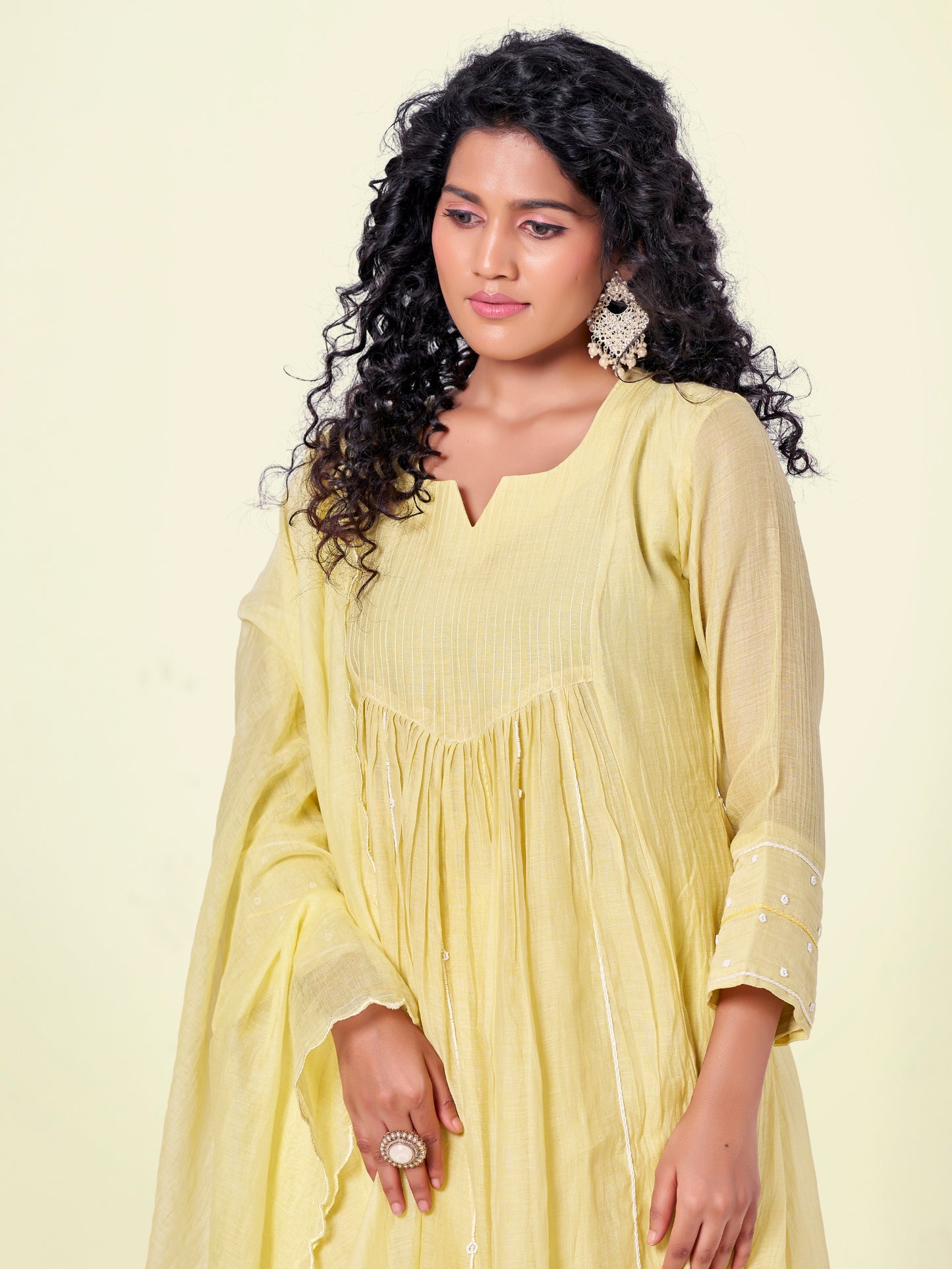 Yellow Pure Silk Mul 3-Piece Kurti Set