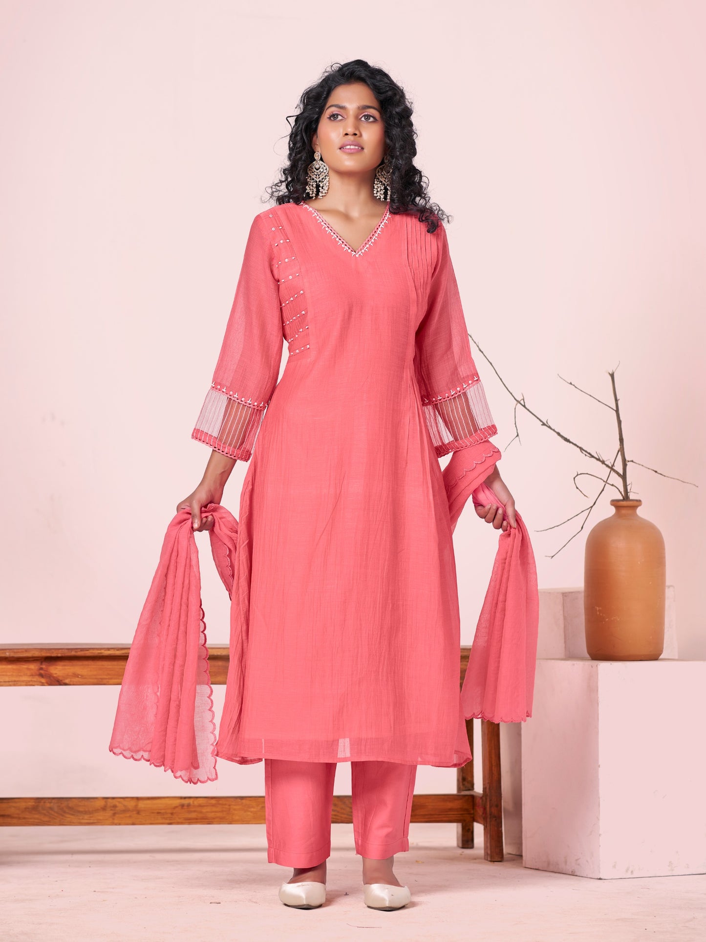Coral Blush Pure Silk Mul 3-Piece Kurti Set