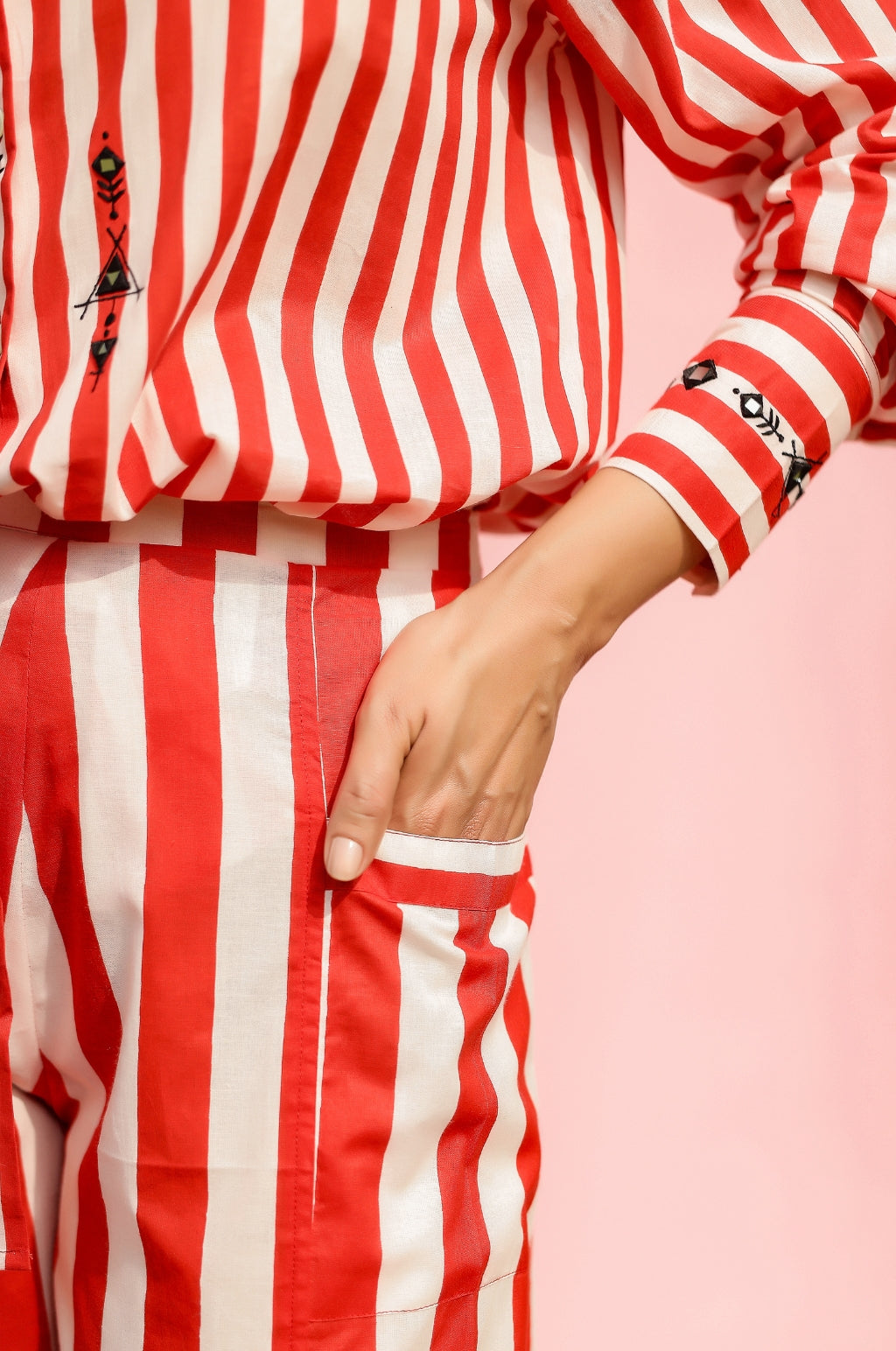 Red Mirror Embroidered Stripe Co-ord Set