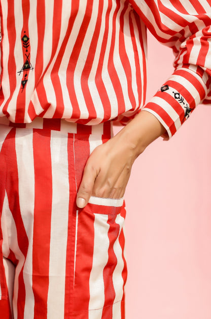 Red Mirror Embroidered Stripe Co-ord Set