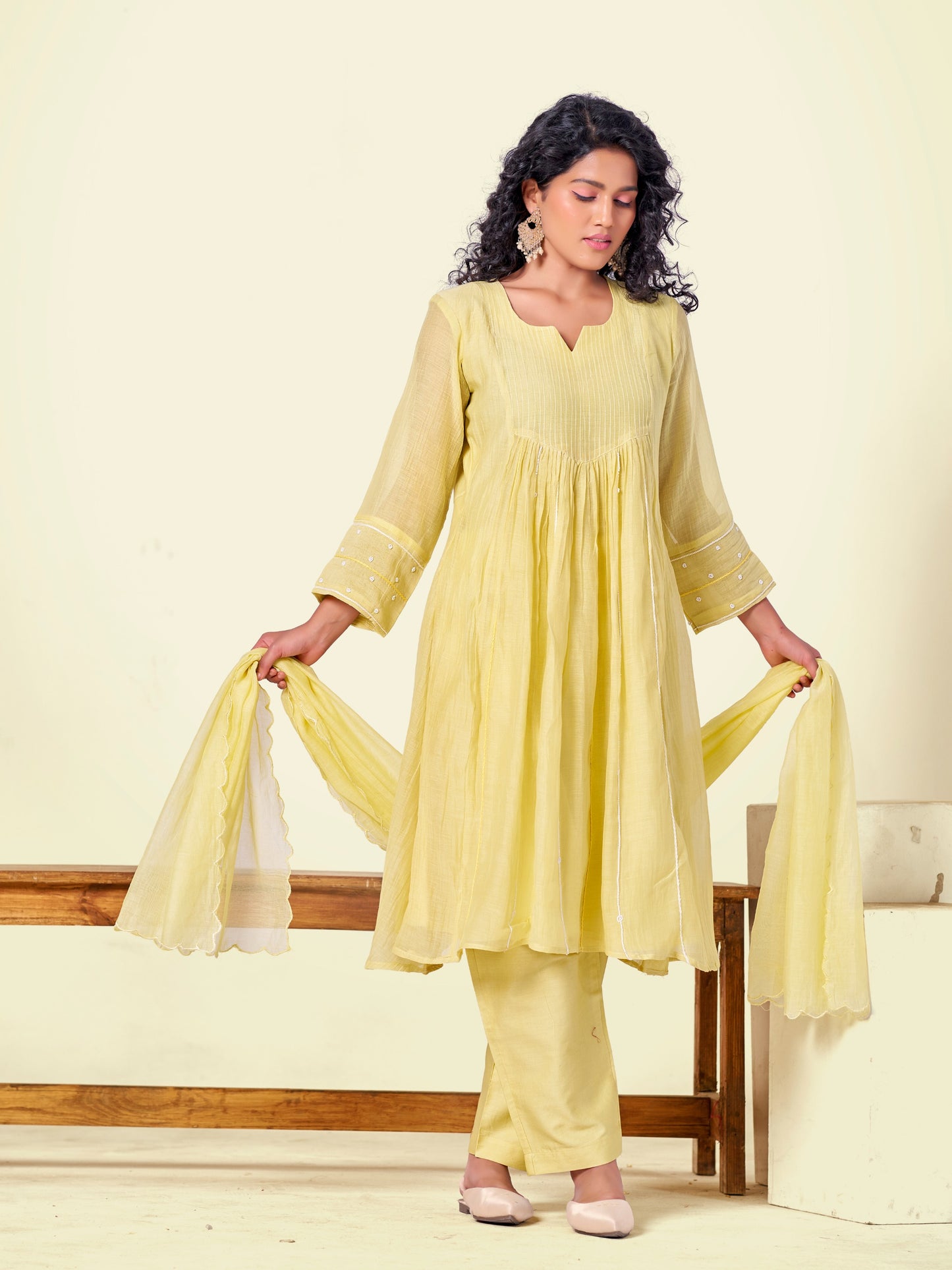 Yellow Pure Silk Mul 3-Piece Kurti Set