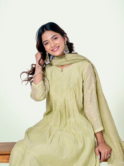 Pista Green Pure Silk Mul Chanderi Set