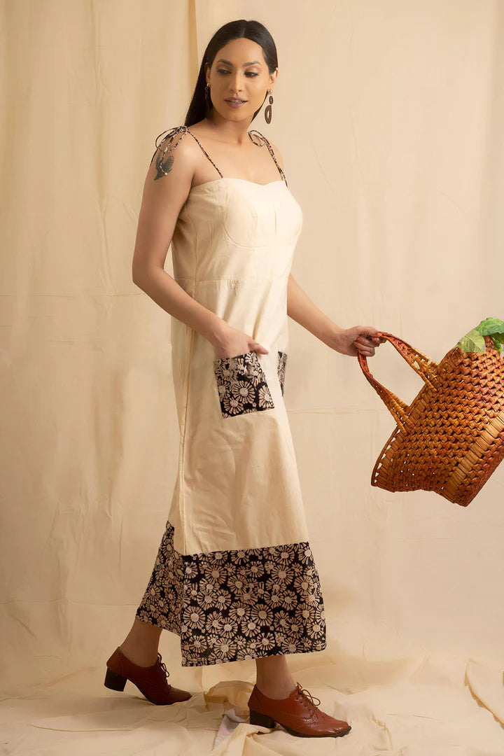 Beige & Black Bagru Print Dress