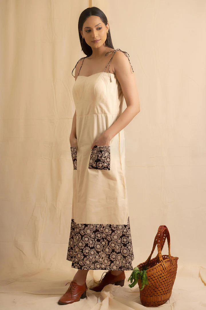 Beige & Black Bagru Print Dress